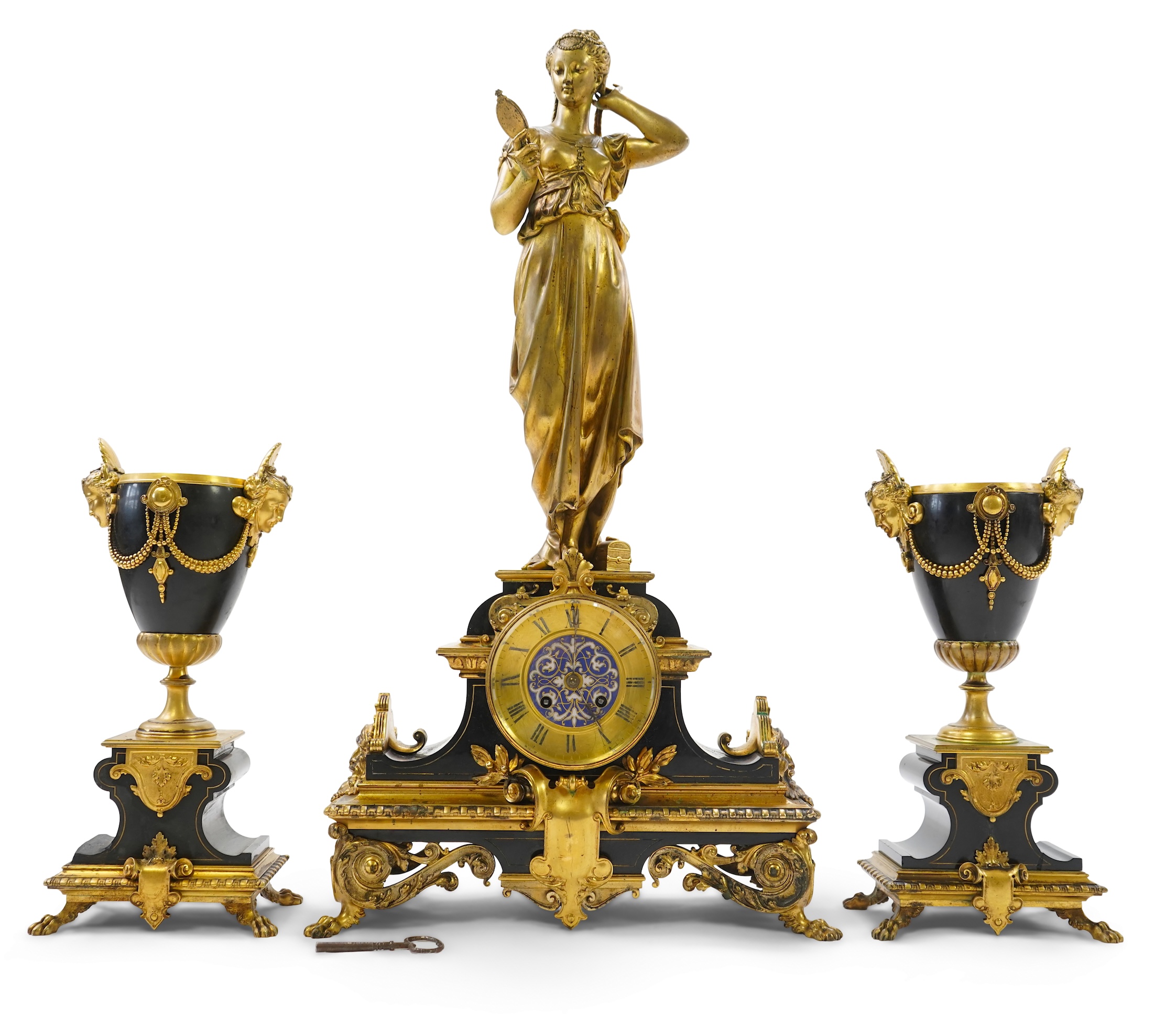 A French gilt bronze figural clock garniture, late 19th century